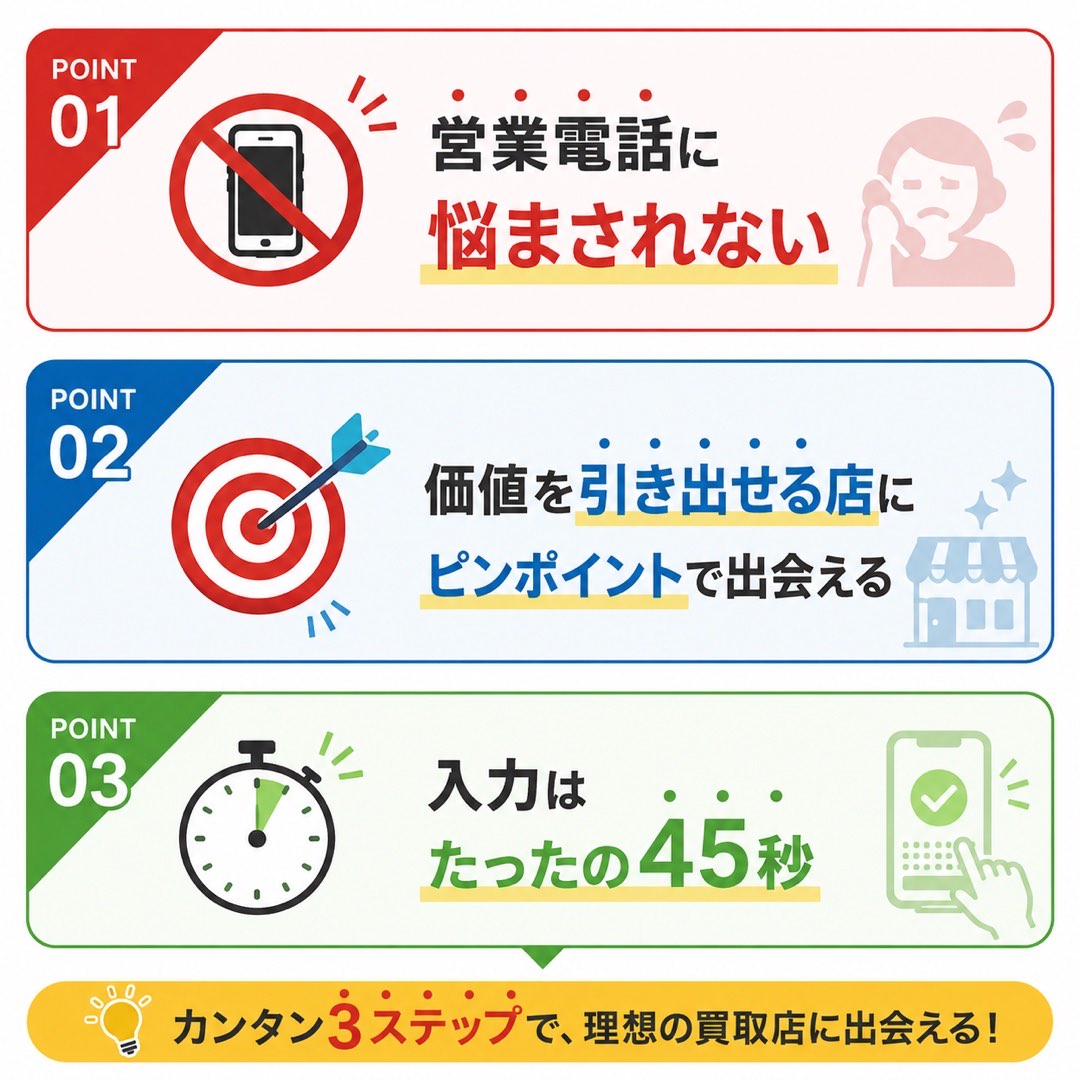 POINT01 営業電話に悩まされない/POINT02 価値を引き出せる店にピンポイントで出会える/POINT03 入力はたったの45秒。カンタン3ステップで、理想の買取店に出会える!