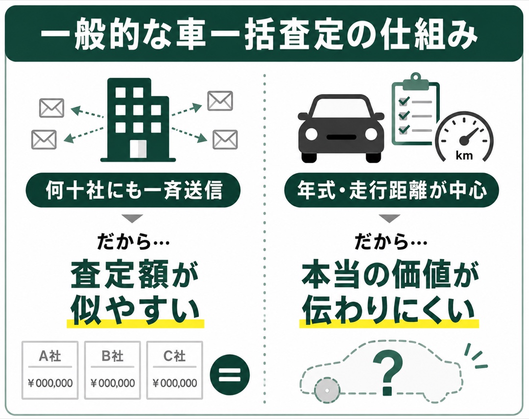 一般的な車一括査定の仕組み：何十社にも一斉送信 → だから査定額が似やすい。年式・走行距離が中心 → だから本当の価値が伝わりにくい。