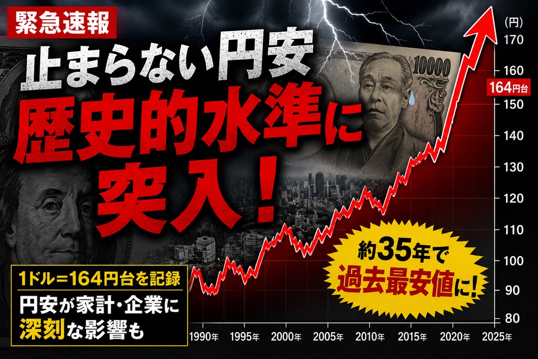 緊急速報 止まらない円安、歴史的水準に突入! 1ドル=164円台を記録。約35年で過去最安値に。円安が家計・企業に深刻な影響も